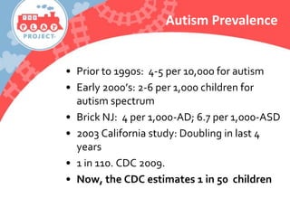 • Prior to 1990s: 4-5 per 10,000 for autism
• Early 2000’s: 2-6 per 1,000 children for
autism spectrum
• Brick NJ: 4 per 1,000-AD; 6.7 per 1,000-ASD
• 2003 California study: Doubling in last 4
years
• 1 in 110. CDC 2009.
• Now, the CDC estimates 1 in 50 children
Autism Prevalence
 