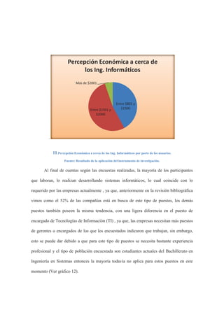 .
11.Percepción Económica a cerca de los Ing. Informáticos por parte de los usuarios.
Fuente: Resultado de la aplicación del instrumento de investigación.
Al final de cuentas según las encuestas realizadas, la mayoría de los participantes
que laboran, lo realizan desarrollando sistemas informáticos, lo cual coincide con lo
requerido por las empresas actualmente , ya que, anteriormente en la revisión bibliográfica
vimos como el 52% de las compañías está en busca de este tipo de puestos, los demás
puestos también poseen la misma tendencia, con una ligera diferencia en el puesto de
encargado de Tecnologías de Información (TI) , ya que, las empresas necesitan más puestos
de gerentes o encargados de los que los encuestados indicaron que trabajan, sin embargo,
esto se puede dar debido a que para este tipo de puestos se necesita bastante experiencia
profesional y el tipo de población encuestada son estudiantes actuales del Bachillerato en
Ingeniería en Sistemas entonces la mayoría todavía no aplica para estos puestos en este
momento (Ver gráfico 12).
Entre $801 y
$1500Entre $1501 y
$2000
Más de $2001
Percepción Económica a cerca de
los Ing. Informáticos
 