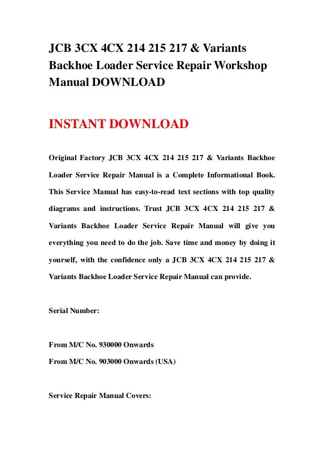 JCB 3CX 4CX 214 215 217 & Variants Backhoe Loader Service Repair