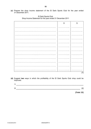 10
© UCLES 2013 0452/02/SP/14
(c) Prepare the shop income statement of the El Darb Sports Club for the year ended
31 December 2011.
El Darb Sports Club
Shop Income Statement for the year ended 31 December 2011
……………………………………………………………….
……………………………………………………………….
……………………………………………………………….
……………………………………………………………….
……………………………………………………………….
……………………………………………………………….
……………………………………………………………….
……………………………………………………………….
……………………………………………………………….
……………………………………………………………….
……………………………………………………………….
……………………………………………………………….
$
………………..
………………..
………………..
………………..
………………..
………………..
………………..
………………..
………………..
………………..
………………..
………………..
$
………………..
………………..
………………..
………………..
………………..
………………..
………………..
………………..
………………..
………………..
………………..
………………..
[7]
(d) Suggest two ways in which the profitability of the El Darb Sports Club shop could be
improved.
1
2 [2]
[Total: 23]
 