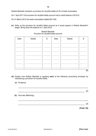 13
© UCLES 2013 0452/02/SP/14 [Turn over
Robbie Macbeth maintains a provision for doubtful debts at 3% of trade receivables.
On 1 April 2011 the provision for doubtful debts account had a credit balance of $1410.
On 31 March 2012 the trade receivables totalled $41 000.
(c) Write up the provision for doubtful debts account as it would appear in Robbie Macbeth’s
ledger. Bring down the balance on 1 April 2012.
Robbie Macbeth
Provision for doubtful debts account
Date
…………
…………
…………
…………
…………
…………
…………
Details
……………………….
……………………….
……………………….
……………………….
……………………….
……………………….
……………………….
$
…………
…………
…………
…………
…………
…………
…………
Date
…………
…………
…………
…………
…………
…………
…………
Details
……………………….
……………………….
……………………….
……………………….
……………………….
……………………….
……………………….
$
…………
…………
…………
…………
…………
…………
…………
[6]
(d) Explain how Robbie Macbeth is applying each of the following accounting principles by
maintaining a provision for doubtful debts.
(i) Prudence
[2]
(ii) Accruals (Matching)
[2]
[Total: 25]
 