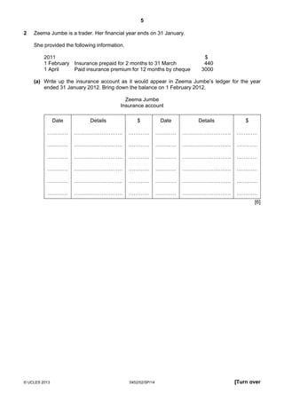 5
© UCLES 2013 0452/02/SP/14 [Turn over
2 Zeema Jumbe is a trader. Her financial year ends on 31 January.
She provided the following information.
2011 $
1 February Insurance prepaid for 2 months to 31 March 440
1 April Paid insurance premium for 12 months by cheque 3000
(a) Write up the insurance account as it would appear in Zeema Jumbe’s ledger for the year
ended 31 January 2012. Bring down the balance on 1 February 2012.
Zeema Jumbe
Insurance account
Date
…………
…………
…………
…………
…………
…………
Details
……………………….
……………………….
……………………….
……………………….
……………………….
……………………….
$
…………
…………
…………
…………
…………
…………
Date
…………
…………
…………
…………
…………
…………
Details
……………………….
……………………….
……………………….
……………………….
……………………….
……………………….
$
…………
…………
…………
…………
…………
…………
[6]
 