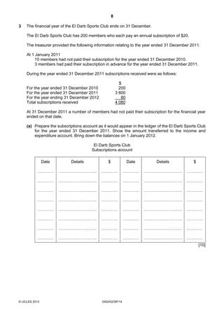 8
© UCLES 2013 0452/02/SP/14
3 The financial year of the El Darb Sports Club ends on 31 December.
The El Darb Sports Club has 200 members who each pay an annual subscription of $20.
The treasurer provided the following information relating to the year ended 31 December 2011.
At 1 January 2011
10 members had not paid their subscription for the year ended 31 December 2010.
3 members had paid their subscription in advance for the year ended 31 December 2011.
During the year ended 31 December 2011 subscriptions received were as follows:
$
For the year ended 31 December 2010 200
For the year ended 31 December 2011 3 800
For the year ending 31 December 2012 80
Total subscriptions received 4 080
At 31 December 2011 a number of members had not paid their subscription for the financial year
ended on that date.
(a) Prepare the subscriptions account as it would appear in the ledger of the El Darb Sports Club
for the year ended 31 December 2011. Show the amount transferred to the income and
expenditure account. Bring down the balances on 1 January 2012.
El Darb Sports Club
Subscriptions account
Date
…………
…………
…………
…………
…………
…………
…………
…………
Details
……………………….
……………………….
……………………….
……………………….
……………………….
……………………….
……………………….
……………………….
$
…………
…………
…………
…………
…………
…………
…………
…………
Date
…………
…………
…………
…………
…………
…………
…………
…………
Details
……………………….
……………………….
……………………….
……………………….
……………………….
……………………….
……………………….
……………………….
$
…………
…………
…………
…………
…………
…………
…………
…………
[10]
 