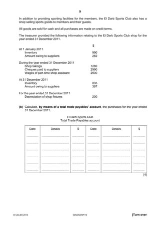 9
© UCLES 2013 0452/02/SP/14 [Turn over
In addition to providing sporting facilities for the members, the El Darb Sports Club also has a
shop selling sports goods to members and their guests.
All goods are sold for cash and all purchases are made on credit terms.
The treasurer provided the following information relating to the El Darb Sports Club shop for the
year ended 31 December 2011.
$
At 1 January 2011
Inventory 990
Amount owing to suppliers 282
During the year ended 31 December 2011
Shop takings 7280
Cheques paid to suppliers 2990
Wages of part-time shop assistant 2500
At 31 December 2011
Inventory 835
Amount owing to suppliers 397
For the year ended 31 December 2011
Depreciation of shop fixtures 200
(b) Calculate, by means of a total trade payables’ account, the purchases for the year ended
31 December 2011.
El Darb Sports Club
Total Trade Payables account
Date
…………
…………
…………
…………
…………
…………
Details
……………………….
……………………….
……………………….
……………………….
……………………….
……………………….
$
…………
…………
…………
…………
…………
…………
Date
…………
…………
…………
…………
…………
…………
Details
……………………….
……………………….
……………………….
……………………….
……………………….
……………………….
$
…………
…………
…………
…………
…………
…………
[4]
 