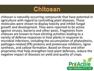 chitosan is naturally-occurring compounds that have potential in
agriculture with regard to controlling plant diseases. These
molecules were shown to display toxicity and inhibit fungal
growth and development. They were reported to be active
against viruses, bacteria and other pests. Fragments from
chitosan are known to have eliciting activities leading to a
variety of defense responses in host plants in response to
microbial infections, including the accumulation of phytoalexins,
pathogen-related (PR) proteins and proteinase inhibitors, lignin
synthesis, and callose formation. Based on these and other
proprieties that help strengthen host plant defenses, reduce the
negative impact of diseases on yield and quality of crops.
 
