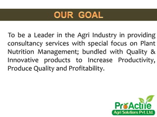 To be a Leader in the Agri Industry in providing
consultancy services with special focus on Plant
Nutrition Management; bundled with Quality &
Innovative products to Increase Productivity,
Produce Quality and Profitability.
 