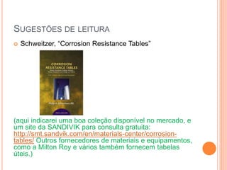 SUGESTÕES DE LEITURA
 Schweitzer, “Corrosion Resistance Tables”
(aqui indicarei uma boa coleção disponível no mercado, e
um site da SANDIVIK para consulta gratuita:
http://smt.sandvik.com/en/materials-center/corrosion-
tables/ Outros fornecedores de materiais e equipamentos,
como a Milton Roy e vários também fornecem tabelas
úteis.)
 