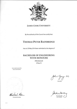 JCU Bach. of ENG with Hons (1A) Certificate