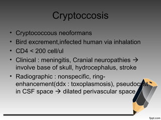Cryptoccosis
• Cryptococcous neoformans
• Bird excrement,infected human via inhalation
• CD4 < 200 cell/ul
• Clinical : meningitis, Cranial neuropathies 
involve base of skull, hydrocephalus, stroke
• Radiographic : nonspecific, ring-
enhancement(ddx : toxoplasmosis), pseudocyst
in CSF space  dilated perivascular space
 