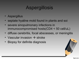 Aspergillosis
• Aspergillus
• septate hyaline mold found in plants and soi
• severe sinopulmonary infections in
immunocompromised hosts(CD4 < 50 cell/uL)
• diffuse cerebritis, focal abscesses, or meningitis
• Vascular invasion  stroke
• Biopsy for definite diagnosis
 
