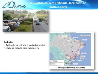A questão da acessibilidade: facilidade no
porta a porta
BAHIA
Principais ferrovias brasileiras
Rodovias:
• Agilidade na entrada e saída dos portos
• Logística própria para cabotagem
 