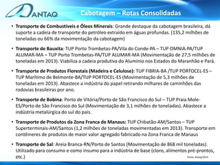 Cabotagem – Rotas Consolidadas
BAHIA
• Transporte de Combustíveis e Óleos Minerais: Grande destaque da cabotagem brasileira, dá
suporte a cadeia de transporte do petróleo extraído em águas profundas. (135,2 milhões de
toneladas ou 66% da movimentação da cabotagem)
• Transporte de Bauxita: TUP Porto Trombetas-PA/Vila do Conde-PA – TUP OMNIA-PA/TUP
ALUMAR-MA – TUP Porto Trombetas-PA/TUP ALUMAR-MA (Movimentação de 27,5 milhões de
toneladas em 2013). Viabiliza a cadeia produtiva do Alumínio nos Estados do Maranhão e Pará.
• Transporte de Produtos Florestais (Madeira e Celulose): TUP FIBRIA-BA /TUP PORTOCEL-ES –
TUP Marítimo de Belmonte-BA/TUP PORTOCEL-ES (Movimentação de 5,3 milhões de
toneladas em 2013). Abastece a indústria do papel retirando milhares de caminhões das
rodovias brasileiras por ano.
• Transporte de Bobina: Porto de Vitória/Porto de São Francisco do Sul – TUP Praia Mole-
ES/Porto de São Francisco do Sul (Movimentação de 3,1 milhões de toneladas). Abastece a
indústria metalúrgica do sul do país.
• Transporte de Produtos da Zona Franca de Manaus: TUP Chibatão-AM/Santos – TUP
Superterminais-AM/Santos (1,2 milhões de toneladas movimentadas em 2013). Transporte em
contêineres de produtos de maior valor agregado fabricado na Zona Franca de Manaus
• Transporte de Sal: Areia Branca-RN/Porto de Santos (Movimentação de 868 mil toneladas).
Utilizado para consumo e como insumo para a indústria de base (cloro, alimentos pré-prontos,
etc.) Fonte: Antaq/2014
 