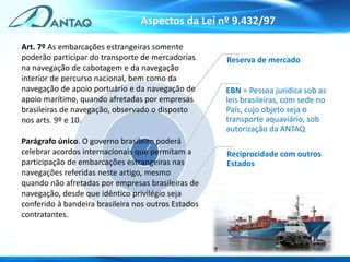 Aspectos da Lei nº 9.432/97
Reserva de mercado
EBN = Pessoa jurídica sob as
leis brasileiras, com sede no
País, cujo objeto seja o
transporte aquaviário, sob
autorização da ANTAQ
Reciprocidade com outros
Estados
Art. 7º As embarcações estrangeiras somente
poderão participar do transporte de mercadorias
na navegação de cabotagem e da navegação
interior de percurso nacional, bem como da
navegação de apoio portuário e da navegação de
apoio marítimo, quando afretadas por empresas
brasileiras de navegação, observado o disposto
nos arts. 9º e 10.
Parágrafo único. O governo brasileiro poderá
celebrar acordos internacionais que permitam a
participação de embarcações estrangeiras nas
navegações referidas neste artigo, mesmo
quando não afretadas por empresas brasileiras de
navegação, desde que idêntico privilégio seja
conferido à bandeira brasileira nos outros Estados
contratantes.
 
