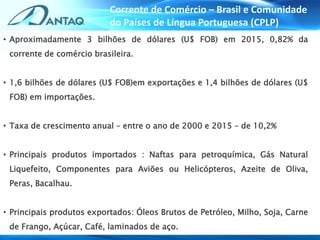 • Aproximadamente 3 bilhões de dólares (U$ FOB) em 2015, 0,82% da
corrente de comércio brasileira.
• 1,6 bilhões de dólares (U$ FOB)em exportações e 1,4 bilhões de dólares (U$
FOB) em importações.
• Taxa de crescimento anual – entre o ano de 2000 e 2015 – de 10,2%
• Principais produtos importados : Naftas para petroquímica, Gás Natural
Liquefeito, Componentes para Aviões ou Helicópteros, Azeite de Oliva,
Peras, Bacalhau.
• Principais produtos exportados: Óleos Brutos de Petróleo, Milho, Soja, Carne
de Frango, Açúcar, Café, laminados de aço.
Corrente de Comércio – Brasil e Comunidade
do Países de Língua Portuguesa (CPLP)
 
