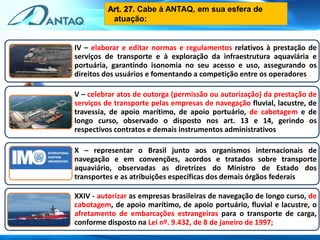 IV – elaborar e editar normas e regulamentos relativos à prestação de
serviços de transporte e à exploração da infraestrutura aquaviária e
portuária, garantindo isonomia no seu acesso e uso, assegurando os
direitos dos usuários e fomentando a competição entre os operadores
V – celebrar atos de outorga (permissão ou autorização) da prestação de
serviços de transporte pelas empresas de navegação fluvial, lacustre, de
travessia, de apoio marítimo, de apoio portuário, de cabotagem e de
longo curso, observado o disposto nos art. 13 e 14, gerindo os
respectivos contratos e demais instrumentos administrativos
X – representar o Brasil junto aos organismos internacionais de
navegação e em convenções, acordos e tratados sobre transporte
aquaviário, observadas as diretrizes do Ministro de Estado dos
transportes e as atribuições específicas dos demais órgãos federais
XXIV - autorizar as empresas brasileiras de navegação de longo curso, de
cabotagem, de apoio marítimo, de apoio portuário, fluvial e lacustre, o
afretamento de embarcações estrangeiras para o transporte de carga,
conforme disposto na Lei nº. 9.432, de 8 de janeiro de 1997;
Art. 27. Cabe à ANTAQ, em sua esfera de
atuação:
 