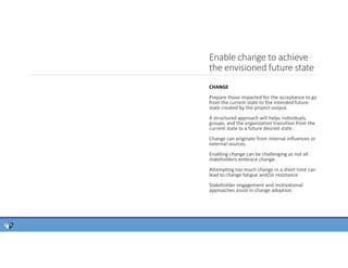 Enable change to achieve
the envisioned future state
CHANGE
Prepare those impacted for the acceptance to go
from the current state to the intended future
state created by the project output.
A structured approach will helps individuals,
groups, and the organization transition from the
current state to a future desired state.
Change can originate from internal influences or
external sources.
Enabling change can be challenging as not all
stakeholders embrace change.
Attempting too much change in a short time can
lead to change fatigue and/or resistance.
Stakeholder engagement and motivational
approaches assist in change adoption.
 