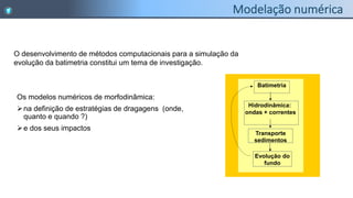 Batimetria
Transporte
sedimentos
Evolução do
fundo
Hidrodinâmica:
ondas + correntes
O desenvolvimento de métodos computacionais para a simulação da
evolução da batimetria constitui um tema de investigação.
Os modelos numéricos de morfodinâmica:
na definição de estratégias de dragagens (onde,
quanto e quando ?)
e dos seus impactos
 