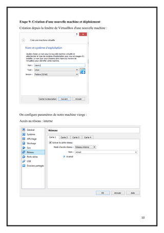 10
Etape 9- Création d'une nouvelle machine et déploiement
Création depuis la fenêtre de VirtualBox d'une nouvelle machine :
On configure paramètres de notre machine vierge :
Accès au réseau : interne
 