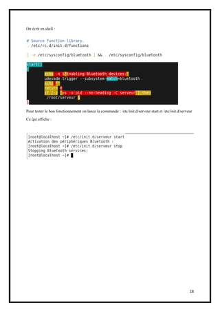 18
On écrit en shell :
Pour tester le bon fonctionnement on lance la commande : /etc/init.d/serveur start et /etc/init.d/serveur
Ce qui affiche :
 