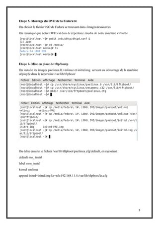 3
Etape 5- Montage du DVD de la Fedora14
On choisit le fichier ISO de Fedora se trouvant dans /images/ressources
On remarque que notre DVD est dans le répertoire /media de notre machine virtuelle.
Etape 6- Mise en place de tftp/bootp
On installe les images pxelinux.0, vmlinuz et initrd.img servant au démarrage de la machine
déployée dans le répertoire /var/lib/tftpboot/
On édite ensuite le fichier /var/lib/tftpboot/pxelinux.cfg/default, en rajoutant :
default mo_ instal
label mon_instal
kernel vmlinuz
append initrd=initrd.img ks=nfs:192.168.11.4:/var/lib/tftpboot/ks.cfg
 