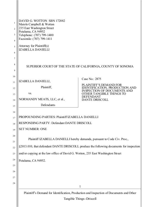 Pls 54 Demand For Production And Inspection Of Documents And Other Ta Request For Production Of Documents California Template