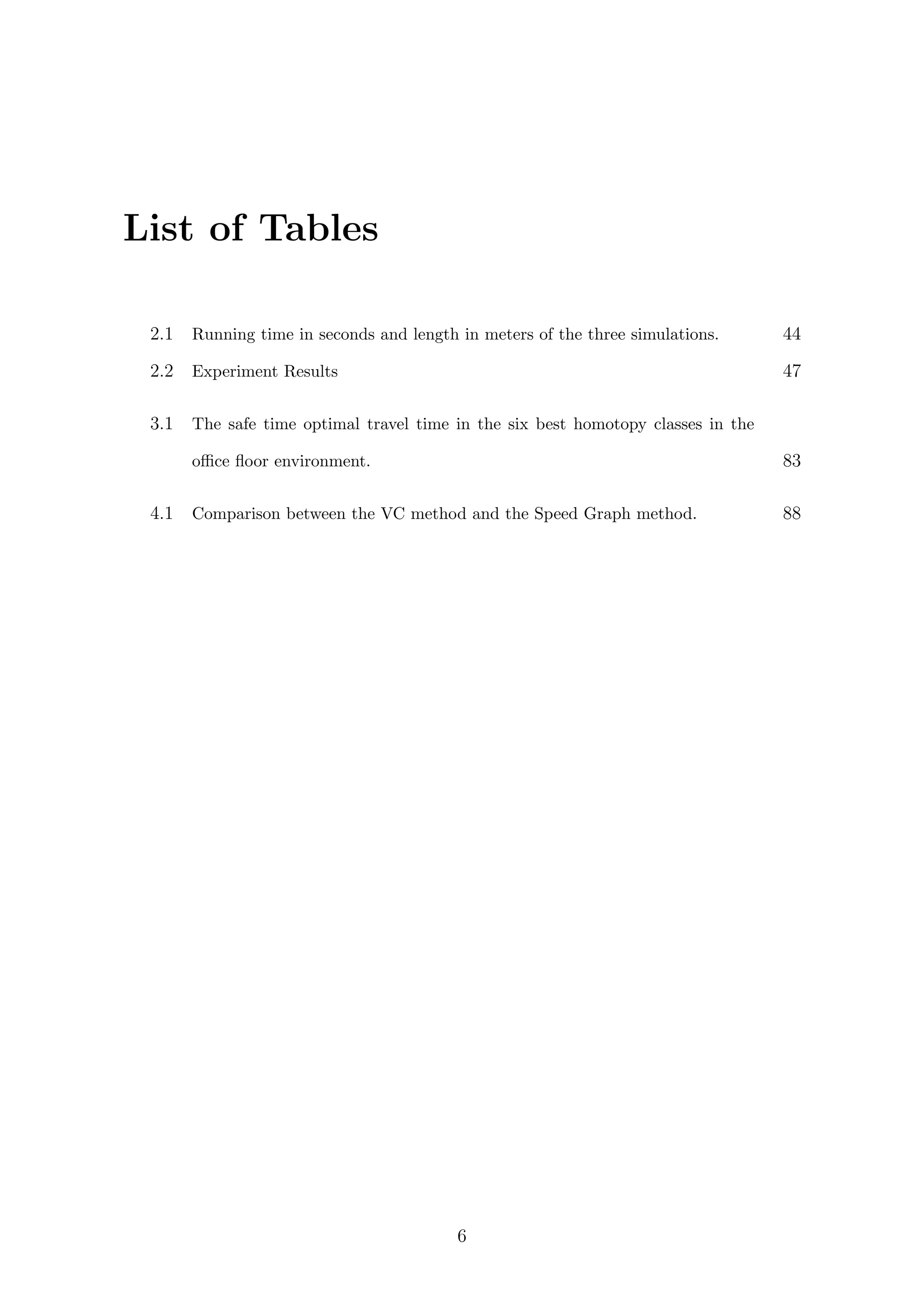 List of Tables
2.1 Running time in seconds and length in meters of the three simulations. 44
2.2 Experiment Results 47
3.1 The safe time optimal travel time in the six best homotopy classes in the
oﬃce ﬂoor environment. 83
4.1 Comparison between the VC method and the Speed Graph method. 88
6
 