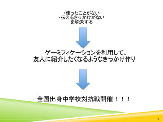 ・使ったことがない	
  
・伝えるきっかけがない	
  
を解決する	

ゲーミフィケーションを利用して、	
  
友人に紹介したくなるようなきっかけ作り	

全国出身中学校対抗戦開催！！！	

3	

 
