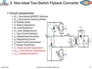 5. Non-Ideal Two-Switch Flyback Converter
 Circuit components:
 Q1,2: Symmetrical MOSFET Switches
 D1,2: Symmetrical Clamping Diodes
 D: Rectifier Diode
 C: Output Capacitance
 RL: Load Resistance
 Vin: Input Voltage Source
 I1: Input Current (primary)
 LM: Magnetizing Inductance
 IM: Magnetizing Current
 I2: Diode Current (secondary)
 T: Flyback Transformer
 CJ: Diode Junction Capacitance
 CDS1,2: Drain-Source Capacitances
 Lleak: Leakage Inductance
July 28, 2016 16Development of SiC-Based PEBB 1000
 