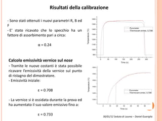 30/01/12 Seduta di Laurea – Daniel Guariglia
Risultati della calibrazione
- Sono stati ottenuti i nuovi parametri R, B ed
F
- E’ stato ricavato che lo specchio ha un
fattore di assorbimento pari a circa:
α = 0.24
Calcolo emissività vernice sul nose
- Tramite le nuove costanti è stata possibile
ricavare l’emissività della vernice sul punto
di ristagno del dimostratore.
- Emissività iniziale:
ε = 0.708
- La vernice si è ossidata durante la prova ed
ha aumentato il suo valore emissivo fino a:
ε = 0.733
 