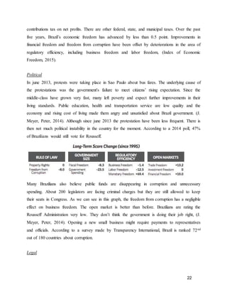 22
contributions tax on net profits. There are other federal, state, and municipal taxes. Over the past
five years, Brazil’s economic freedom has advanced by less than 0.5 point. Improvements in
financial freedom and freedom from corruption have been offset by deteriorations in the area of
regulatory efficiency, including business freedom and labor freedom, (Index of Economic
Freedom, 2015).
Political
In june 2013, protests were taking place in Sao Paulo about bus fares. The underlying cause of
the protestations was the government's failure to meet citizens’ rising expectation. Since the
middle-class have grown very fast, many left poverty and expect further improvements in their
living standards. Public education, health and transportation service are low quality and the
economy and rising cost of living made them angry and unsatisfied about Brazil government. (J.
Meyer, Peter, 2014). Although since june 2013 the protestation have been less frequent. There is
then not much political instability in the country for the moment. According to a 2014 poll, 47%
of Brazilians would still vote for Rousseff.
Many Brazilians also believe public funds are disappearing in corruption and unnecessary
spending. About 200 legislators are facing criminal charges but they are still allowed to keep
their seats in Congress. As we can see in this graph, the freedom from corruption has a negligible
effect on business freedom. The open market is better than before. Brazilians are rating the
Rousseff Administration very low. They don’t think the government is doing their job right, (J.
Meyer, Peter, 2014). Opening a new small business might require payments to representatives
and officials. According to a survey made by Transparency International, Brazil is ranked 72nd
out of 180 countries about corruption.
Legal
 