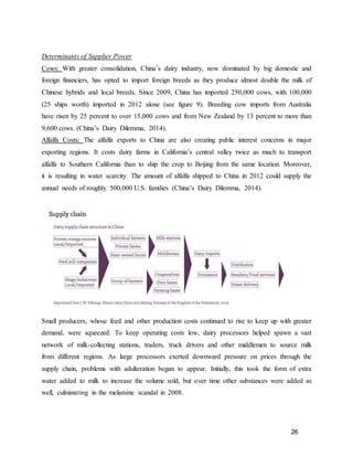 26
Determinants of Supplier Power
Cows: With greater consolidation, China’s dairy industry, now dominated by big domestic and
foreign financiers, has opted to import foreign breeds as they produce almost double the milk of
Chinese hybrids and local breeds. Since 2009, China has imported 250,000 cows, with 100,000
(25 ships worth) imported in 2012 alone (see figure 9). Breeding cow imports from Australia
have risen by 25 percent to over 15,000 cows and from New Zealand by 13 percent to more than
9,600 cows. (China’s Dairy Dilemma, 2014).
Alfalfa Costs: The alfalfa exports to China are also creating public interest concerns in major
exporting regions. It costs dairy farms in California’s central valley twice as much to transport
alfalfa to Southern California than to ship the crop to Beijing from the same location. Moreover,
it is resulting in water scarcity. The amount of alfalfa shipped to China in 2012 could supply the
annual needs of roughly 500,000 U.S. families (China’s Dairy Dilemma, 2014).
Small producers, whose feed and other production costs continued to rise to keep up with greater
demand, were squeezed. To keep operating costs low, dairy processors helped spawn a vast
network of milk-collecting stations, traders, truck drivers and other middlemen to source milk
from different regions. As large processors exerted downward pressure on prices through the
supply chain, problems with adulteration began to appear. Initially, this took the form of extra
water added to milk to increase the volume sold, but over time other substances were added as
well, culminating in the melamine scandal in 2008.
 