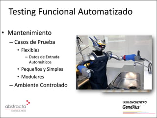 Testing Funcional Automatizado

• Mantenimiento
  – Casos de Prueba
    • Flexibles
       – Datos de Entrada
         Automáticos
    • Pequeños y Simples
    • Modulares
  – Ambiente Controlado
 