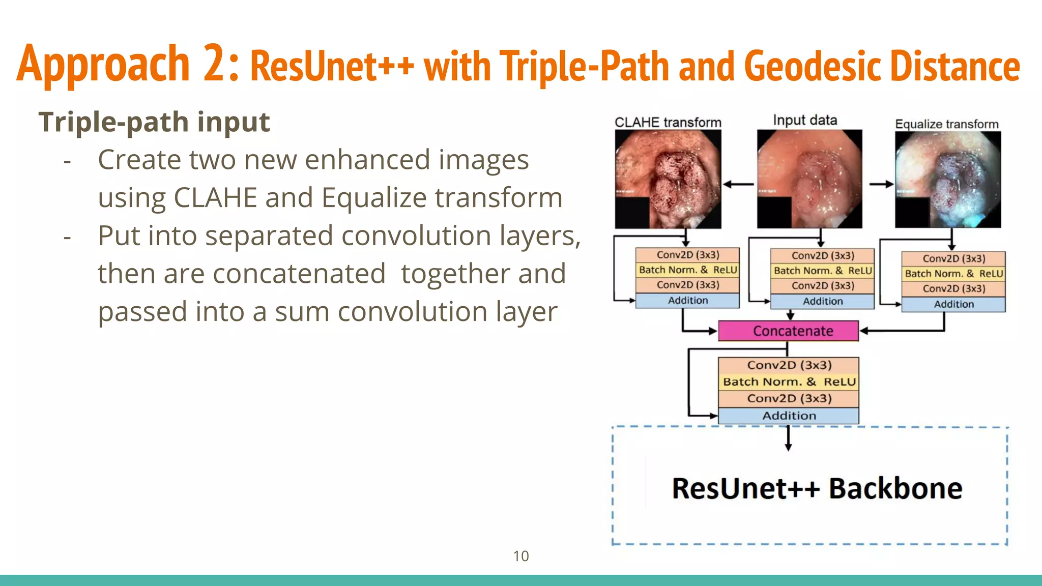 Approach 2: ResUnet++ with Triple-Path and Geodesic Distance
- Create two new enhanced images
using CLAHE and Equalize transform
- Put into separated convolution layers,
then are concatenated together and
passed into a sum convolution layer
10
Triple-path input
 