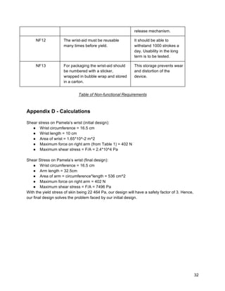 32
release mechanism.
NF12 The wrist-aid must be reusable
many times before yield.
It should be able to
withstand 1000 strokes a
day. Usability in the long
term is to be tested.
NF13 For packaging the wrist-aid should
be numbered with a sticker,
wrapped in bubble wrap and stored
in a carton.
This storage prevents wear
and distortion of the
device.
Table of Non-functional Requirements
Appendix D - Calculations
Shear stress on Pamela’s wrist (initial design):
● Wrist circumference = 16.5 cm
● Wrist length = 10 cm
● Area of wrist = 1.65*10^-2 m^2
● Maximum force on right arm (from Table 1) = 402 N
● Maximum shear stress = F/A = 2.4*10^4 Pa
Shear Stress on Pamela’s wrist (final design):
● Wrist circumference = 16.5 cm
● Arm length = 32.5cm
● Area of arm = circumference*length = 536 cm^2
● Maximum force on right arm = 402 N
● Maximum shear stress = F/A = 7496 Pa
With the yield stress of skin being 22 464 Pa, our design will have a safety factor of 3. Hence,
our final design solves the problem faced by our initial design.
 