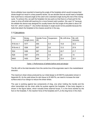 8
Some athletes have resorted to lowering the angle of the footplate which would increase their
stroke length but result in a less powerful stroke. So we decided that we would need a footplate
that could have a reduced angle at the catch and a standard angle during the rest of the rowing
cycle. To achieve this, we split the footplate into two parts so that there is a fixed part for the
rower to drive off whilst still reaching for a more forward catch position. We used 12° because
the athlete this device was designed for usually lowers the foot angle of the plate to about 35°
from 42°, which is about 7°. Any further decrease in angle would not be possible because the
bolts that attach the footplate to the chassis would be in the way.
2.3 Calculations
Step Stroke
Length (mm)
Handle Force
(N)
Suspension ML drift drive ML drift
recovery
R18-min 1 1477 655 6.4 15.8 32.2
R18-min 2 1506 657 5.6 13.3 27.6
R24 1488 667 5.8 22.7 21.7
R28 1467 670 4.8 22 19
MAX 1455 804 4 33.4 33.1
Table 1: Performance of athlete before wrist aid design
The ML drift is the total deviation from the centre line of the ergometer seat in the medial/lateral
direction.
The maximum shear stress produced by our initial design is 24 000 Pa (calculation shown in
Appendix D). As the yield stress for skin tissue is 22 464 Pa, we need to increase the total
surface area of our design to reduce the shear stress.
The user is working against two components of drag, one when holding the handle and the
other transmitted via the chain while he pushes against the footplate. A free body diagram is
shown in the figure below, which includes three external forces. Ff is the force exerted by the
foot on the footplate, Fr the reaction force of the footplate and Fd is the drag force in the chain.
 