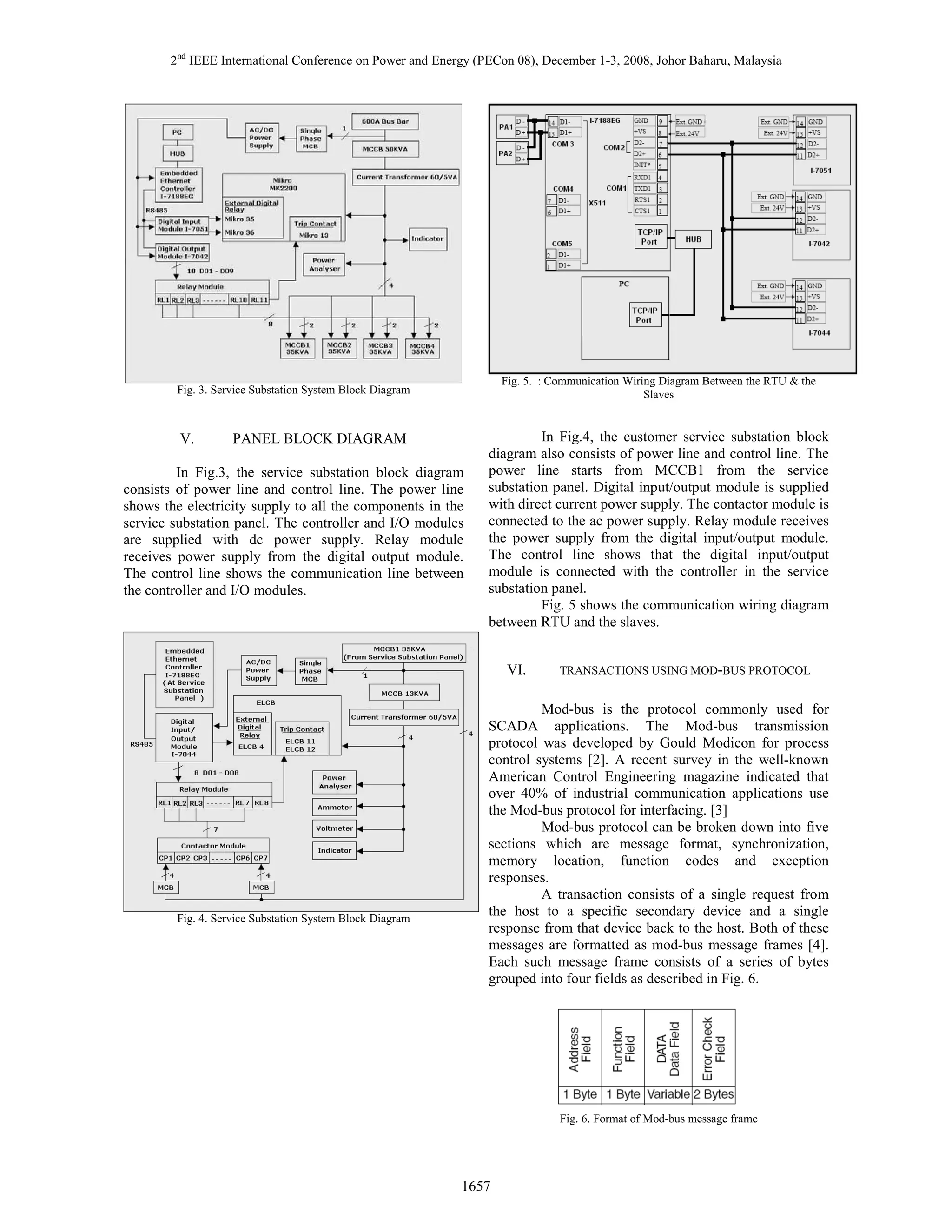 2nd IEEE International Conference on Power and Energy (PECon 08), December 1-3, 2008, Johor Baharu, Malaysia

Fig. 5. : Communication Wiring Diagram Between the RTU & the
Slaves

Fig. 3. Service Substation System Block Diagram

V.

PANEL BLOCK DIAGRAM

In Fig.3, the service substation block diagram
consists of power line and control line. The power line
shows the electricity supply to all the components in the
service substation panel. The controller and I/O modules
are supplied with dc power supply. Relay module
receives power supply from the digital output module.
The control line shows the communication line between
the controller and I/O modules.

In Fig.4, the customer service substation block
diagram also consists of power line and control line. The
power line starts from MCCB1 from the service
substation panel. Digital input/output module is supplied
with direct current power supply. The contactor module is
connected to the ac power supply. Relay module receives
the power supply from the digital input/output module.
The control line shows that the digital input/output
module is connected with the controller in the service
substation panel.
Fig. 5 shows the communication wiring diagram
between RTU and the slaves.
VI.

Fig. 4. Service Substation System Block Diagram

TRANSACTIONS USING MOD-BUS PROTOCOL

Mod-bus is the protocol commonly used for
SCADA applications. The Mod-bus transmission
protocol was developed by Gould Modicon for process
control systems [2]. A recent survey in the well-known
American Control Engineering magazine indicated that
over 40% of industrial communication applications use
the Mod-bus protocol for interfacing. [3]
Mod-bus protocol can be broken down into five
sections which are message format, synchronization,
memory location, function codes and exception
responses.
A transaction consists of a single request from
the host to a specific secondary device and a single
response from that device back to the host. Both of these
messages are formatted as mod-bus message frames [4].
Each such message frame consists of a series of bytes
grouped into four fields as described in Fig. 6.

Fig. 6. Format of Mod-bus message frame

1657

 
