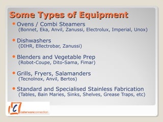 Some Types of EquipmentSome Types of Equipment
Ovens / Combi Steamers
(Bonnet, Eka, Anvil, Zanussi, Electrolux, Imperial, Unox)
Dishwashers
(DIHR, Ellectrobar, Zanussi)
Blenders and Vegetable Prep
(Robot-Coupe, Dito-Sama, Fimar)
Grills, Fryers, Salamanders
(Tecnolnox, Anvil, Bertos)
Standard and Specialised Stainless Fabrication
(Tables, Bain Maries, Sinks, Shelves, Grease Traps, etc)
 