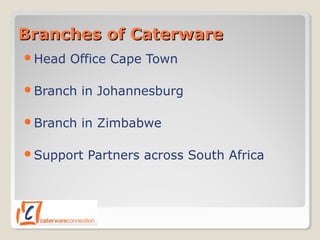 Branches of CaterwareBranches of Caterware
Head Office Cape Town
Branch in Johannesburg
Branch in Zimbabwe
Support Partners across South Africa
 