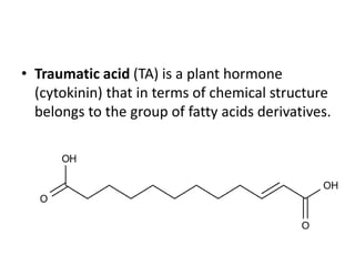 • Traumatic acid (TA) is a plant hormone
(cytokinin) that in terms of chemical structure
belongs to the group of fatty acids derivatives.
 