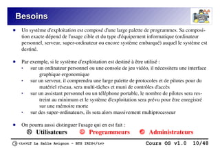 <tv>LT La Salle Avignon – BTS IRIS</tv> Cours OS v1.0 10/48
Besoins
Besoins
● Un système d'exploitation est composé d'une large palette de programmes. Sa composi-
tion exacte dépend de l'usage cible et du type d'équipement informatique (ordinateur
personnel, serveur, super-ordinateur ou encore système embarqué) auquel le système est
destiné.
● Par exemple, si le système d'exploitation est destiné à être utilisé :
 sur un ordinateur personnel ou une console de jeu vidéo, il nécessitera une interface
graphique ergonomique
 sur un serveur, il comprendra une large palette de protocoles et de pilotes pour du
matériel réseau, sera multi-tâches et muni de contrôles d'accès
 sur un assistant personnel ou un téléphone portable, le nombre de pilotes sera res-
treint au minimum et le système d'exploitation sera prévu pour être enregistré
sur une mémoire morte
 sur des super-ordinateurs, ils sera alors massivement multiprocesseur
● On pourra aussi distinguer l'usage qui en est fait :
☹ Utilisateurs ☺ Programmeurs  Administrateurs
 