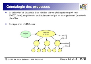 <tv>LT La Salle Avignon – BTS IRIS</tv> Cours OS v1.0 37/48
Généalogie des processus
Généalogie des processus
● La création d'un processus étant réalisée par un appel système (fork sous
UNIX/Linux), un processus est forcément créé par un autre processus (notion de
père-fils).
● Exemple sous UNIX/Linux :
 
