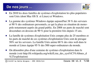 <tv>LT La Salle Avignon – BTS IRIS</tv> Cours OS v1.0 7/48
De nos jours ...
De nos jours ...
● En 2010 les deux familles de systèmes d'exploitation les plus populaires
sont Unix (dont Mac OS X et Linux) et Windows.
● La gamme des systèmes Windows équipe aujourd'hui 38 % des serveurs
et 90 % des ordinateurs personnels, ce qui la place en situation de mono-
pole notamment auprès du grand public. En 2008 ses parts de marché sont
descendues en dessous de 90 % pour la première fois depuis 15 ans.
● La famille de systèmes d'exploitation Unix compte plus de 25 membres et
les parts de marché de ces systèmes d'exploitation Unix sont de presque
50% sur les serveurs. La famille Unix anime 60 % des sites web dans le
monde et Linux équipe 95 % des 500 super-ordinateurs du monde.
● On dénombre plus d'une centaine de systèmes d'exploitation dans le
monde (voir http://fr.wikipedia.org/wiki/Liste_des_syst%C3%A8mes_d
%27exploitation)
 