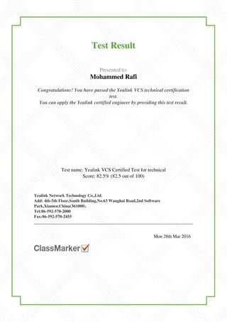 Gtc Rafi yealink certified engineer Certificate | PDF
