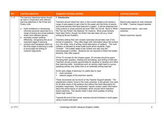 AO        Learning objectives                       Suggested teaching activities                                                Learning resources
1– 4      The learning objectives below should      1. Introduction
          be read in conjunction with relevant
          learning objectives in the Prose and      Teachers should check the rubric in the current syllabus and review a        Recent past papers & mark schemes
          Poetry units.                             range of past papers to get a feel for the paper and the kinds of poems      for 0486 – Teacher Support website
                                                    and prose extracts that have featured in papers. It will be observed that
          a. build confidence in developing         many poems or prose extracts are post-1900, but not all. Byron’s ‘When       Assessment criteria – see mark
             informed personal responses to a       We Two are Parted’ has featured, for instance. Most prose extracts           schemes
             range of poems and prose extracts      have been fiction, though non-fiction has also been set (e.g. travel
             drawn from different genres            writing by Bruce Chatwin).                                                   Recent examiner reports
          b. annotate unseen extracts
             effectively, recognising this as an    Teachers setting their own Unseen exercises should take note of the
             important stage of planning            format of questions. They often begin with information about the context
          c. produce brief paragraph plans as       (e.g. the writer, time of writing, broad description of subject). The main
             the final stage of planning in order   question is followed by three bullet points which students ‘might
             to encourage the writing of            consider’. The bullets relate to the content and also how the
             coherent arguments                     poem/passage is written. Students are not required to follow the bullets
                                                    slavishly; they offer support.

                                                    Of the 75 minutes for the Unseen paper, 20 minutes should be spent
                                                    choosing their question, reading and annotating, and writing a brief plan.
                                                    Teachers should provide opportunities for students to develop and refine
                                                    their planning skills. Sometimes such an activity might lead to a group
                                                    speaking activity only rather than to an extended writing exercise.

                                                    At the early stage of planning it is useful also to read:
                                                         mark schemes
                                                         relevant pages of the examiner reports

                                                    These documents can be found on the Teacher Support website. The
                                                    assessment criteria, found in the mark schemes, is the generic one used
                                                    for all other areas of the syllabus (but without the band descriptors for
                                                    empathic responses). The examiners’ reports contain useful information
                                                    about the performance of candidates, which should inform teachers’
                                                    lesson-planning. The reports make it clear what qualities of writing
                                                    attract high reward.

                                                    Towards the end of the course, teachers should schedule a mock paper,
                                                    using a recent past paper.


v1 1Y11                                                  Cambridge IGCSE Literature (English) (0486)                                                              2
 