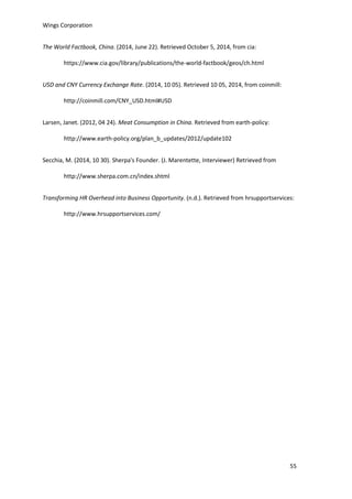 Wings Corporation
55
The World Factbook, China. (2014, June 22). Retrieved October 5, 2014, from cia:
https://www.cia.gov/library/publications/the-world-factbook/geos/ch.html
USD and CNY Currency Exchange Rate. (2014, 10 05). Retrieved 10 05, 2014, from coinmill:
http://coinmill.com/CNY_USD.html#USD
Larsen, Janet. (2012, 04 24). Meat Consumption in China. Retrieved from earth-policy:
http://www.earth-policy.org/plan_b_updates/2012/update102
Secchia, M. (2014, 10 30). Sherpa's Founder. (J. Marentette, Interviewer) Retrieved from
http://www.sherpa.com.cn/index.shtml
Transforming HR Overhead into Business Opportunity. (n.d.). Retrieved from hrsupportservices:
http://www.hrsupportservices.com/
 