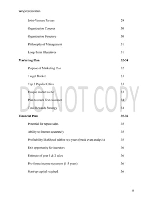 Wings Corporation
8
Joint-Venture Partner 29
Organization Concept 30
Organization Structure 30
Philosophy of Management 31
Long-Term Objectives 31
Marketing Plan 32-34
Purpose of Marketing Plan 32
Target Market 33
Top 3 Popular Cities 33
Unique market niche 33
Plan to reach first customer 34
Total Rewards Strategy 34
Financial Plan 35-36
Potential for repeat sales 35
Ability to forecast accurately 35
Profitability likelihood within two years (break even analysis) 35
Exit opportunity for investors 36
Estimate of year 1 & 2 sales 36
Pro-forma income statement (1-3 years) 36
Start-up capital required 36
 