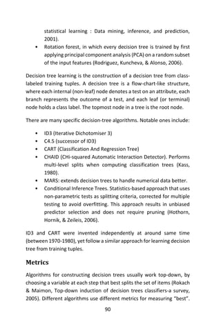 90
statistical learning : Data mining, inference, and prediction,
2001).
• Rotation forest, in which every decision tree is trained by first
applying principal component analysis (PCA) on a random subset
of the input features (Rodriguez, Kuncheva, & Alonso, 2006).
Decision tree learning is the construction of a decision tree from class-
labeled training tuples. A decision tree is a flow-chart-like structure,
where each internal (non-leaf) node denotes a test on an attribute, each
branch represents the outcome of a test, and each leaf (or terminal)
node holds a class label. The topmost node in a tree is the root node.
There are many specific decision-tree algorithms. Notable ones include:
• ID3 (Iterative Dichotomiser 3)
• C4.5 (successor of ID3)
• CART (Classification And Regression Tree)
• CHAID (CHi-squared Automatic Interaction Detector). Performs
multi-level splits when computing classification trees (Kass,
1980).
• MARS: extends decision trees to handle numerical data better.
• Conditional Inference Trees. Statistics-based approach that uses
non-parametric tests as splitting criteria, corrected for multiple
testing to avoid overfitting. This approach results in unbiased
predictor selection and does not require pruning (Hothorn,
Hornik, & Zeileis, 2006).
ID3 and CART were invented independently at around same time
(between 1970-1980), yet follow a similar approach for learning decision
tree from training tuples.
Metrics
Algorithms for constructing decision trees usually work top-down, by
choosing a variable at each step that best splits the set of items (Rokach
& Maimon, Top-down induction of decision trees classifiers-a survey,
2005). Different algorithms use different metrics for measuring “best”.
 
