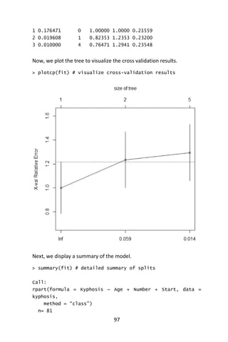 97
1 0.176471 0 1.00000 1.0000 0.21559
2 0.019608 1 0.82353 1.2353 0.23200
3 0.010000 4 0.76471 1.2941 0.23548
Now, we plot the tree to visualize the cross validation results.
> plotcp(fit) # visualize cross-validation results
Next, we display a summary of the model.
> summary(fit) # detailed summary of splits
Call:
rpart(formula = Kyphosis ~ Age + Number + Start, data =
kyphosis,
method = “class”)
n= 81
 