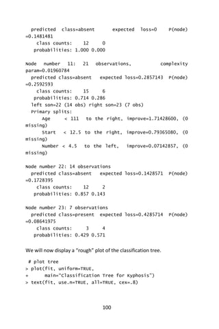 100
predicted class=absent expected loss=0 P(node)
=0.1481481
class counts: 12 0
probabilities: 1.000 0.000
Node number 11: 21 observations, complexity
param=0.01960784
predicted class=absent expected loss=0.2857143 P(node)
=0.2592593
class counts: 15 6
probabilities: 0.714 0.286
left son=22 (14 obs) right son=23 (7 obs)
Primary splits:
Age < 111 to the right, improve=1.71428600, (0
missing)
Start < 12.5 to the right, improve=0.79365080, (0
missing)
Number < 4.5 to the left, improve=0.07142857, (0
missing)
Node number 22: 14 observations
predicted class=absent expected loss=0.1428571 P(node)
=0.1728395
class counts: 12 2
probabilities: 0.857 0.143
Node number 23: 7 observations
predicted class=present expected loss=0.4285714 P(node)
=0.08641975
class counts: 3 4
probabilities: 0.429 0.571
We will now display a “rough” plot of the classification tree.
# plot tree
> plot(fit, uniform=TRUE,
+ main=“Classification Tree for Kyphosis”)
> text(fit, use.n=TRUE, all=TRUE, cex=.8)
 