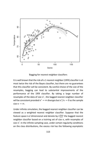 113
Bagging for nearest neighbor classifiers
It is well known that the risk of a 1 nearest neighbor (1NN) classifier is at
most twice the risk of the Bayes classifier, but there are no guarantees
that this classifier will be consistent. By careful choice of the size of the
resamples, bagging can lead to substantial improvements of the
performance of the 1NN classifier. By taking a large number of
resamples of the data of size 𝑛’ , the bagged nearest neighbor classifier
will be consistent provided 𝑛′ → ∞ diverges but 𝑛′ 𝑛 → 0⁄ as the sample
size 𝑛 → ∞.
Under infinite simulation, the bagged nearest neighbor classifier can be
viewed as a weighted nearest neighbor classifier. Suppose that the
feature space is 𝑑 dimensional and denote by 𝐶 𝑛,𝑛′
𝑏𝑛𝑛
the bagged nearest
neighbor classifier based on a training set of size 𝑛, with resamples of
size 𝑛′. In the infinite sampling case, under certain regularity conditions
on the class distributions, the excess risk has the following asymptotic
 